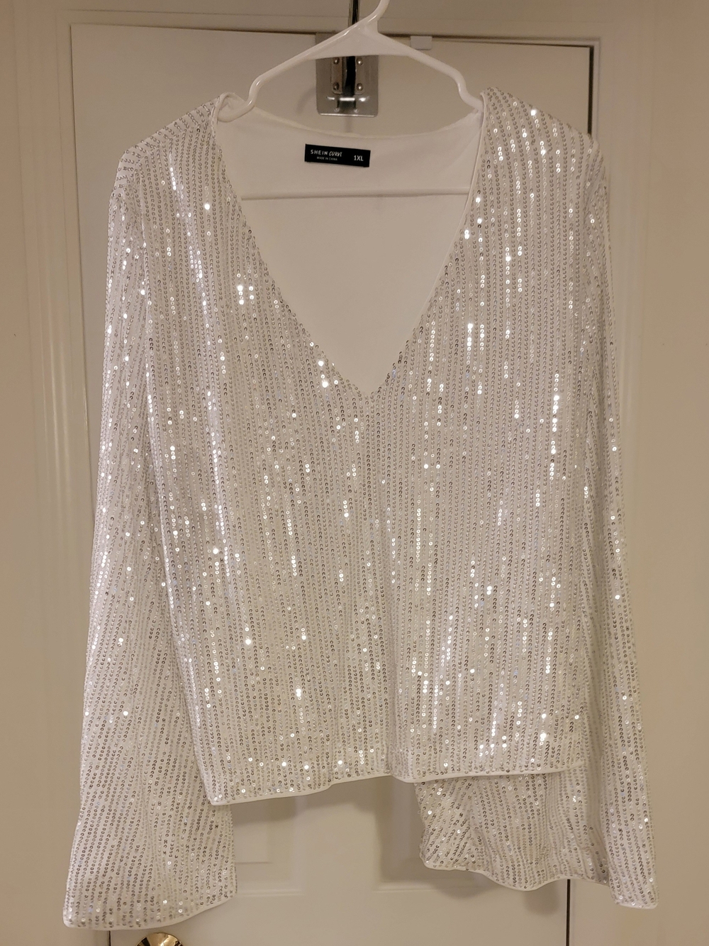 SHEIN White Sequin V-Neck Long Sleeve Top